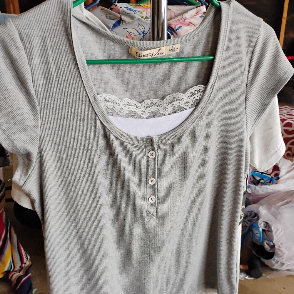 Gray Button-Front Top with Lace Detail